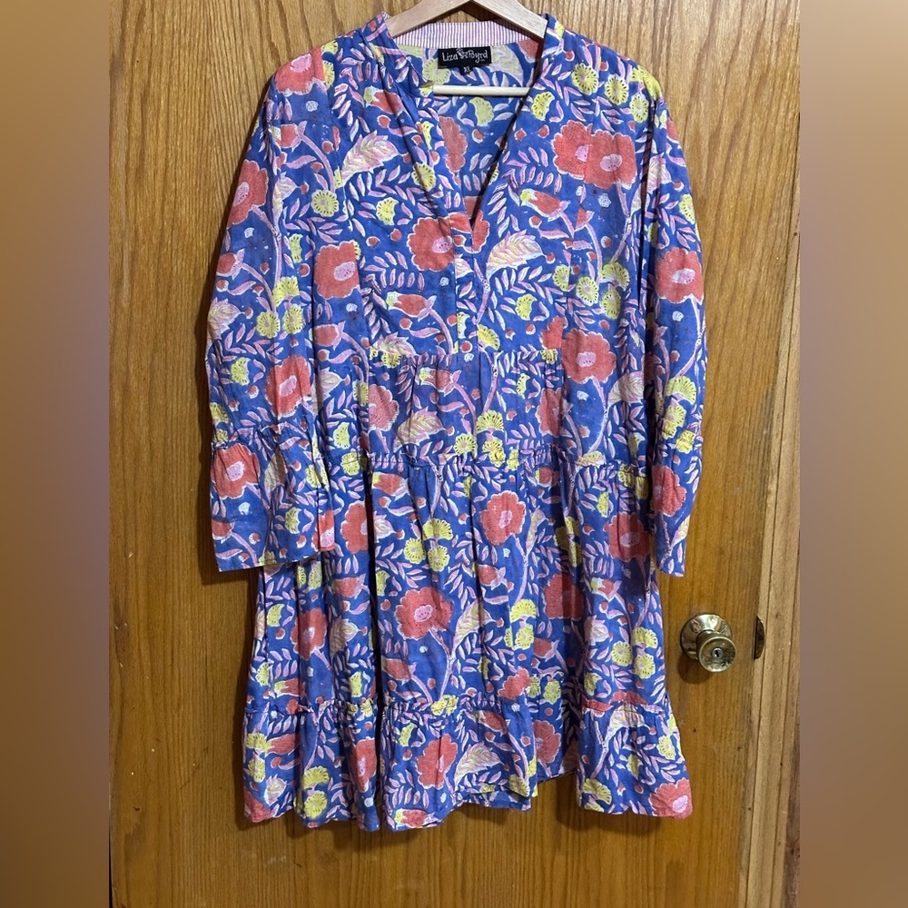 Liza Byrd Blue Floral Tiered Dress with Coral and Yellow Flowers